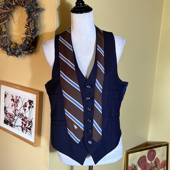 RALPH LAUREN x Strathmore Size Medium Pinstripe Blue Tie 6-Btn